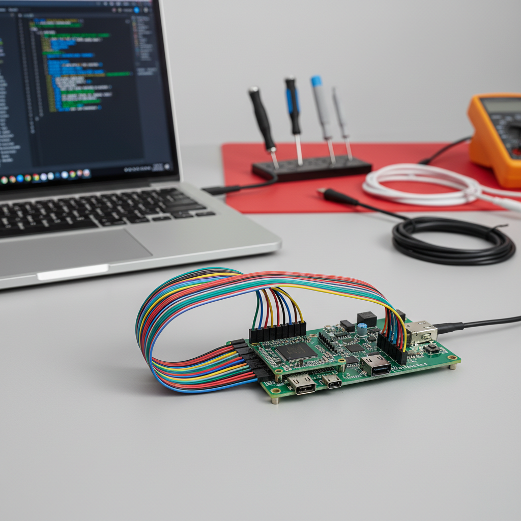A compact, meticulously wired embedded development setup centered around a small green microcontroller board connected to a larger custom PCB via neat, color-coded jumper wires. The boards sit on a smooth, light grey desktop beside an open laptop showing a blurred code editor on its screen, unreadable but glowing softly. Overhead neutral white studio lighting produces clear, even illumination with subtle reflections on solder pads and USB connectors. A softly out-of-focus background of orderly tools, antistatic mat, and neatly coiled cables keeps the focus on the hardware. Captured from a slightly elevated three-quarter angle with moderate depth of field, the image feels clean, organized, and professional, emphasizing thoughtful embedded software development in a realistic, photographic style.