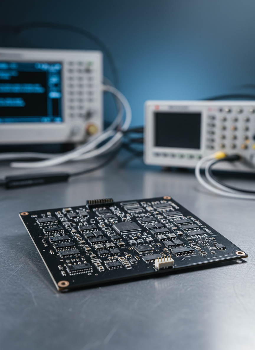 A close-up photographic image of a sleek, matte-black printed circuit board densely populated with tiny surface-mount components, silver solder joints glinting along perfectly routed copper traces. The board rests on a clean, brushed aluminum workbench with a faint reflection beneath it. Cool, diffused studio lighting from above and slightly to the left creates crisp highlights on the component edges and gentle shadows between IC packages, emphasizing precision and order. The background falls into a soft, bluish bokeh of blurred test equipment, oscilloscopes, and logic analyzers. Shot at a shallow depth of field and eye-level angle, the composition is balanced and minimalist, conveying a professional, high-tech atmosphere and photographic realism ideal for an embedded software portfolio hero image.